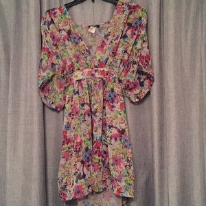 Sheer Floral Dress Tie Waist Gold Thread